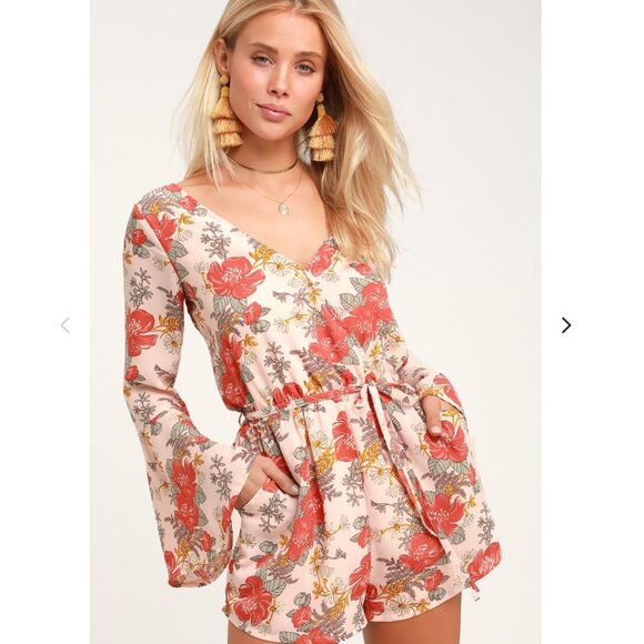 New Lulus Romper Medium Always Thriving Blush Pink Floral Print Bell Sleeve - Picture 2 of 8